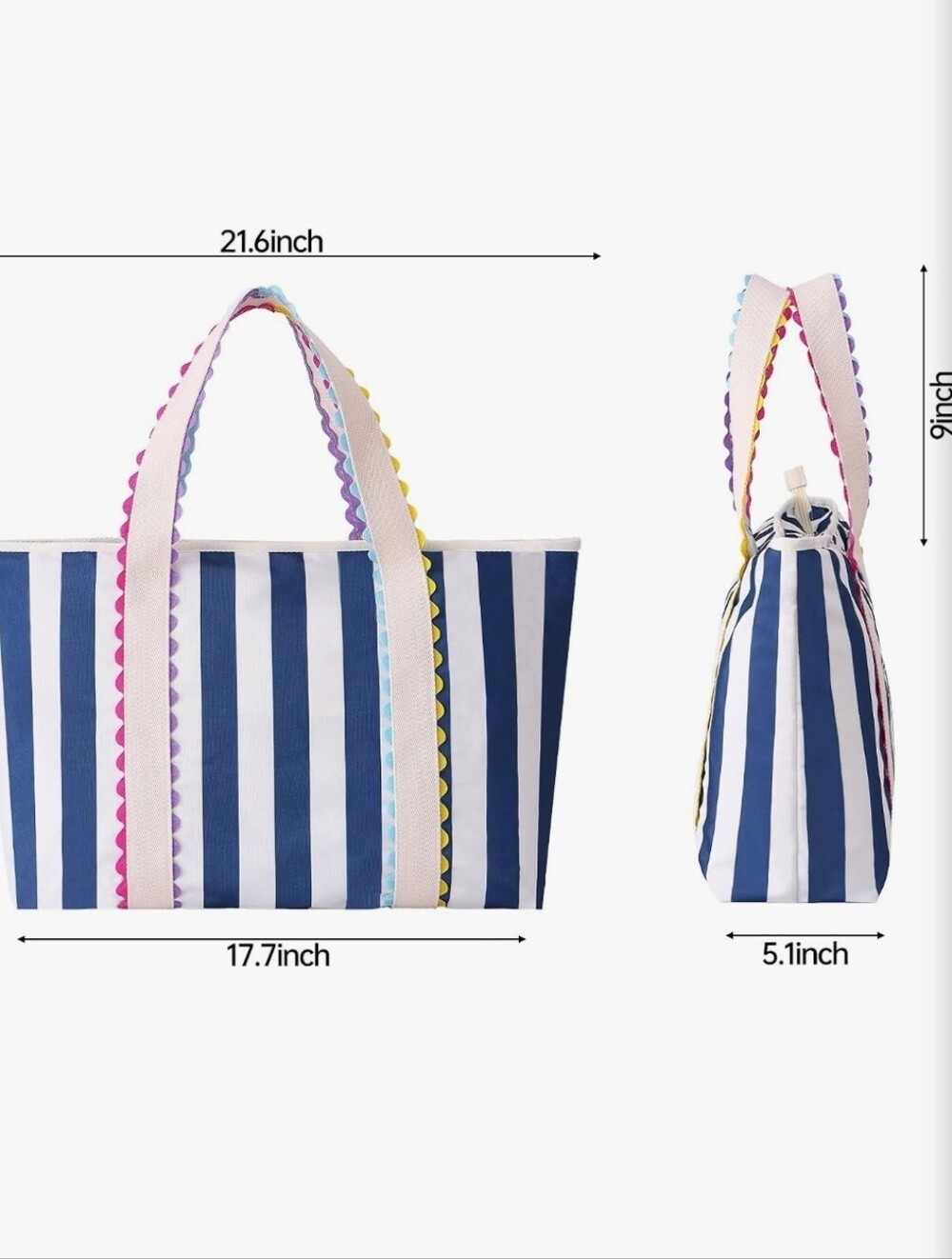 Blue & White Striped Durable Large Canvas Tote Bag W. Zipper | NEW WITH TAGS | - Picture 3 of 6